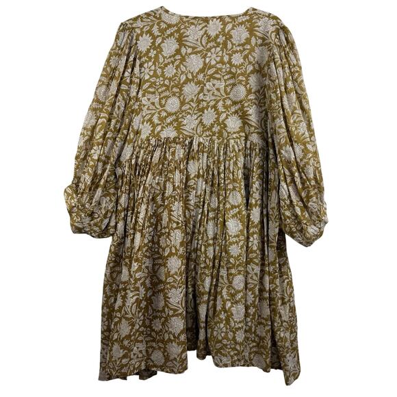 Daughters Of India Kyra Mini Dress XL Olive Floral Balloon Sleeve Boho Indie - Picture 9 of 16